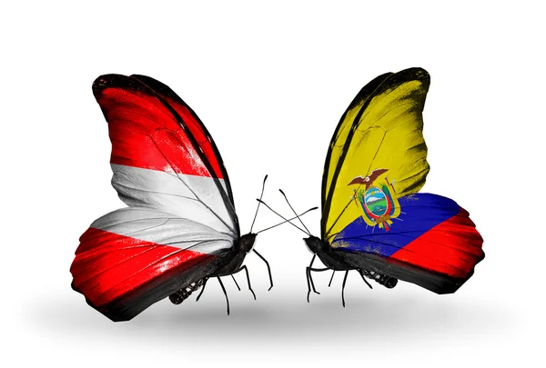 Due farfalle con le bandiere di Austria ed Ecuador sulle ali — Foto Stock