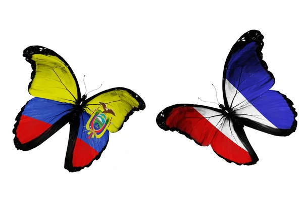 Dva motýli s Ekvádorem a Francie vlajky vlají — Stock fotografie