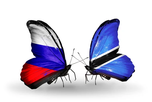 Två fjärilar med flaggor i Ryssland och botswana på vingar — Stockfoto