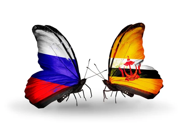 Dwa motyle z flagi Rosji i brunei na skrzydłach — Zdjęcie stockowe