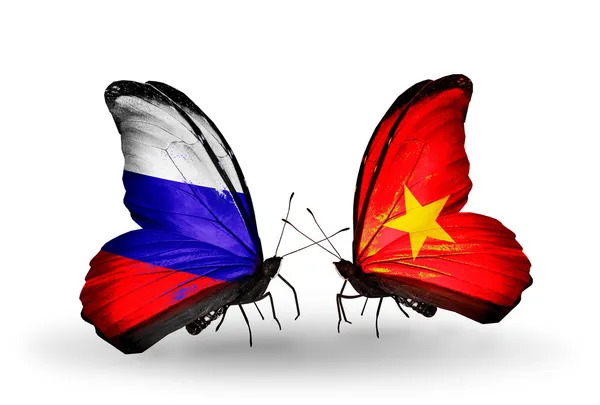Duas borboletas com bandeiras da Rússia e Vietnã em asas — Fotografia de Stock