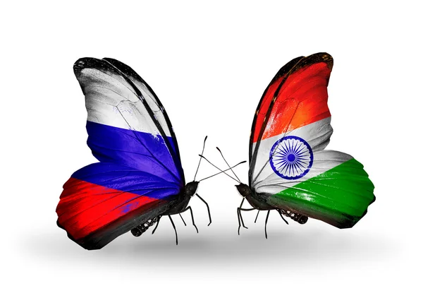 Two butterflies with flags of Russia and India on wings — Stock Photo, Image