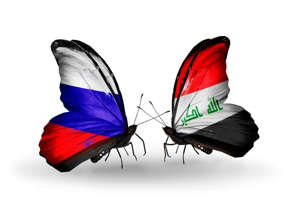 Iki kelebek kanatları üzerinde Rusya ve Irak bayrakları ile — Stok fotoğraf