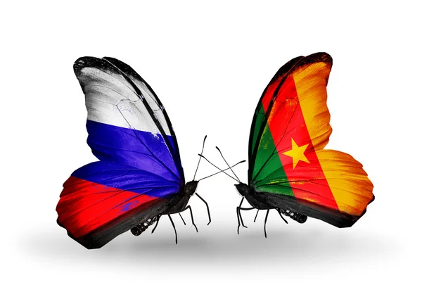 Две бабочки с флагами России и Камеруна на крыльях — стоковое фото