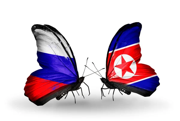 Two butterflies with flags of Russia and North Korea on wings — Stock Photo, Image