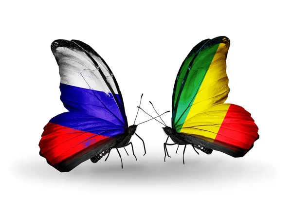 Two butterflies with flags of Russia and Kongo on wings — Stock Photo, Image