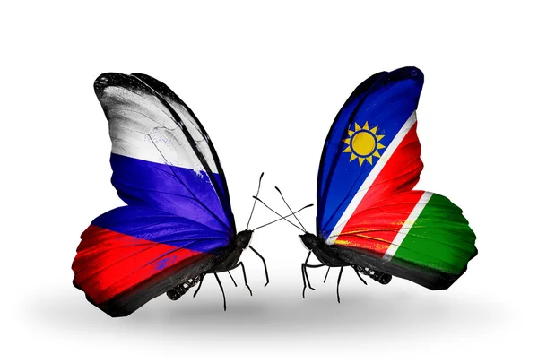 2 匹の蝶翼にロシアとナミビアの旗 — ストック写真