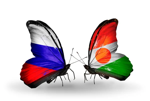 Δύο πεταλούδες με σημαίες της Ρωσίας και του Νίγηρα με φτερά — Φωτογραφία Αρχείου