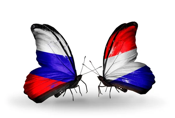 Iki kelebek kanatları üzerinde Hollanda ve Rusya bayrakları taşıyan — Stok fotoğraf