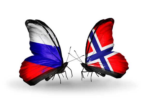 Dos mariposas con banderas de Rusia y Noruega en alas — Foto de Stock