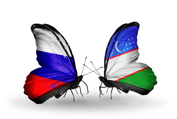 Dva motýli s vlajkami Ruska a Uzbekistánu na křídlech — Stock fotografie
