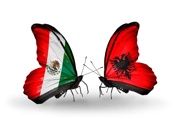 Twee vlinders met vlaggen van mexico en Albanië op vleugels — Stockfoto