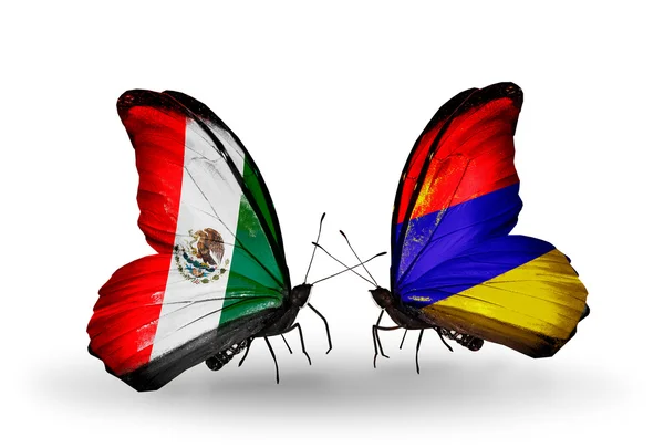 Two butterflies with flags of Mexico and Armenia on wings — Stock Photo, Image