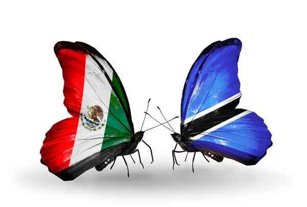 Две бабочки с флагами Мексики и Ботсваны на крыльях — стоковое фото