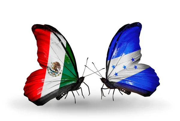 Dwa motyle z flagami Meksyk i honduras na skrzydłach — Zdjęcie stockowe