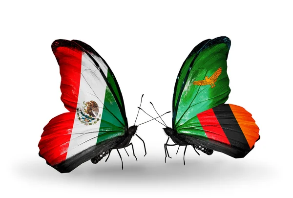 Twee vlinders met vlaggen van mexico en zambia op vleugels — Stockfoto