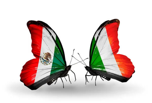 Two butterflies with flags of Mexico and Ireland on wings — Stock Photo, Image