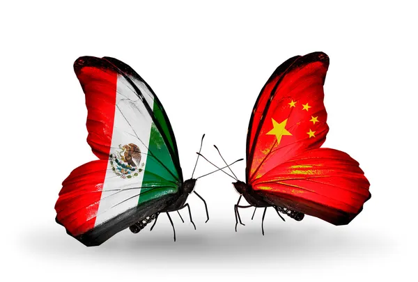 Two butterflies with flags of Mexico and China on wings — Stock Photo, Image