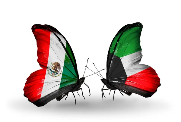 Two butterflies with flags of Mexico and Kuwait on wings — Stockfoto