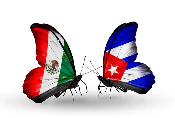 Zwei Schmetterlinge mit mexikanischen und kubanischen Flaggen auf Flügeln — Stockfoto