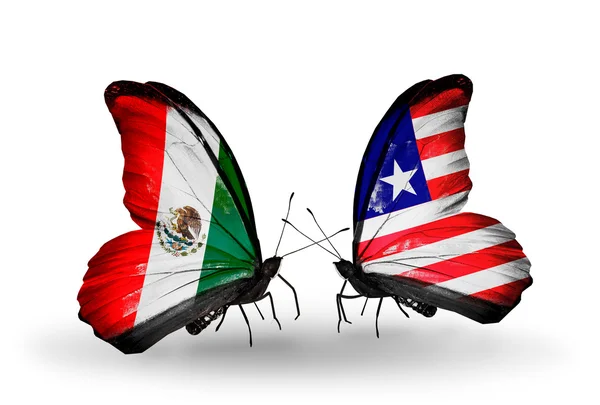Two butterflies with flags of Mexico and Liberia on wings — Stock Photo, Image