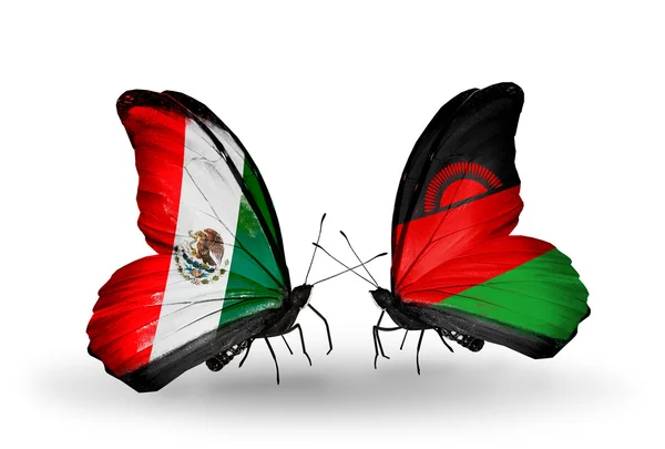 Две бабочки с флагами Мексики и Малави на крыльях — стоковое фото