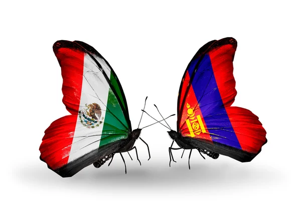 Dos mariposas con banderas de México y Mongolia en alas —  Fotos de Stock