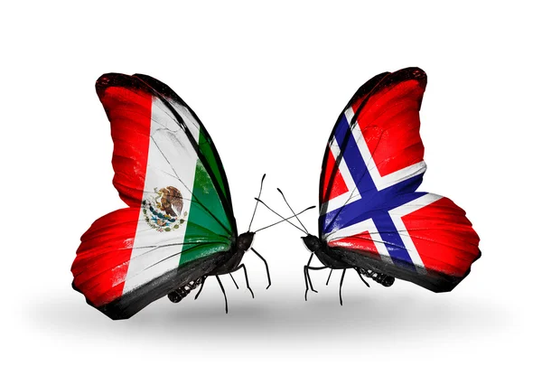 Two butterflies with flags of Mexico and Norway on wings — Stock Photo, Image