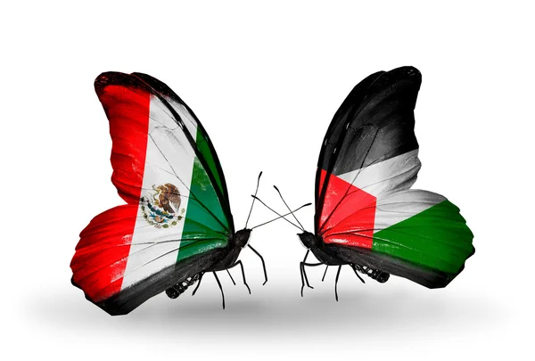 Dos mariposas con banderas de México y Palestina sobre alas —  Fotos de Stock