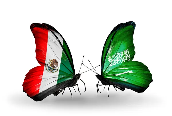 Twee vlinders met vlaggen van mexico en Saoedi-Arabië op vleugels — Stockfoto