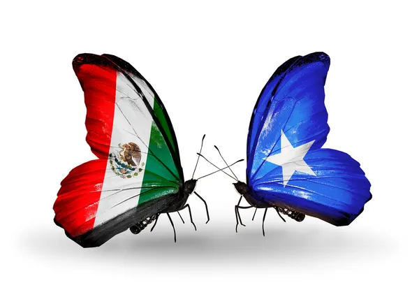 Dos mariposas con banderas de México y Somalia en alas — Foto de Stock