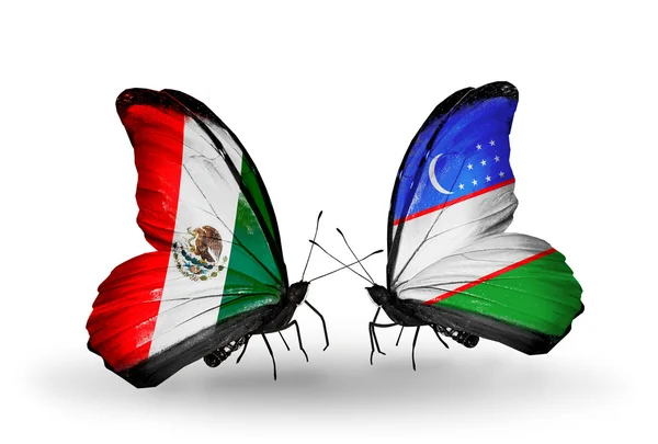 Two butterflies with flags of Mexico and Uzbekistan on wings — Stock Photo, Image