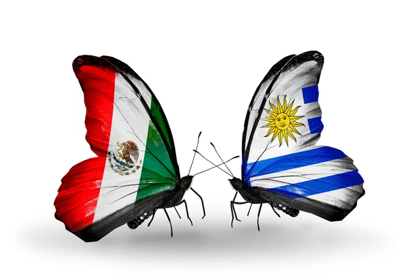Dva motýli s vlajkami Mexika a uruguay na křídlech — Stock fotografie