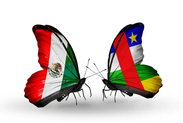 Two butterflies with flags of Mexico and CAR on wings — Stock Photo, Image