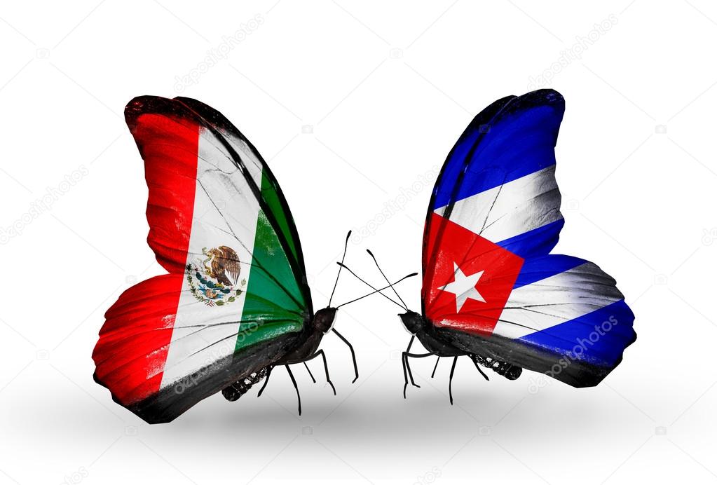 Two butterflies with flags of Mexico and Cuba on wings
