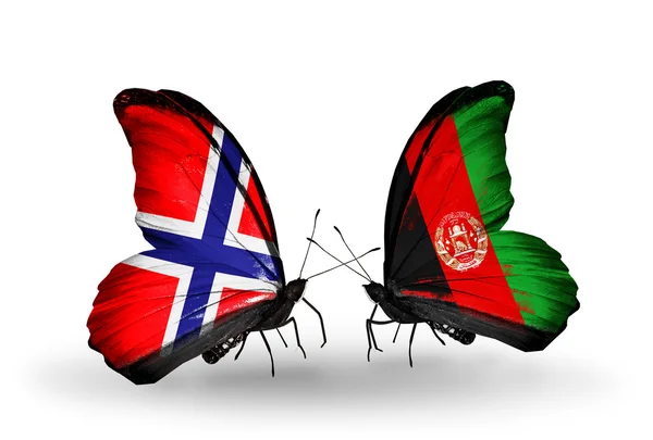 Norveç ve Afganistan bayrakları taşıyan kelebekler — Stok fotoğraf
