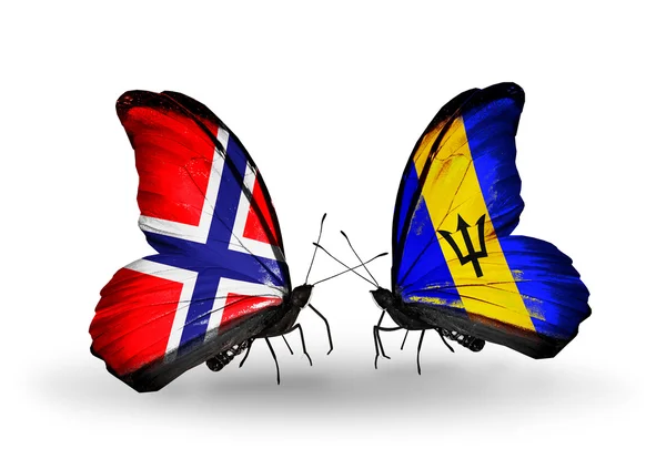 Motyle z Norwegii i barbados flagi — Zdjęcie stockowe