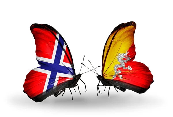 Butterflies with Norway and Bhutan flags — Stock Photo, Image