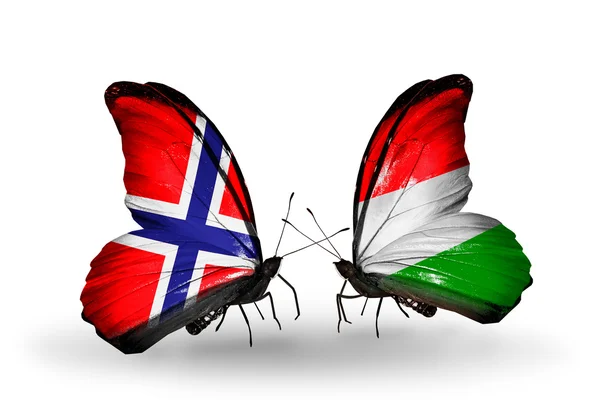 Butterflies with Norway and Hungary flags — Stock Photo, Image