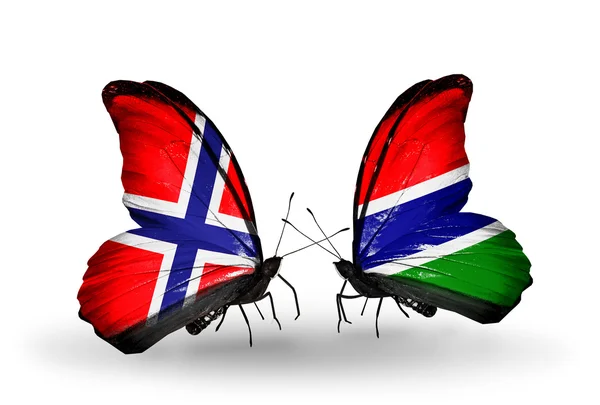 Butterflies with Norway and Gambia flags — Stock Photo, Image