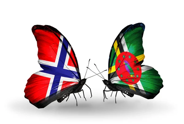 Motýli s Norskem a Dominika vlajky na křídlech — Stock fotografie