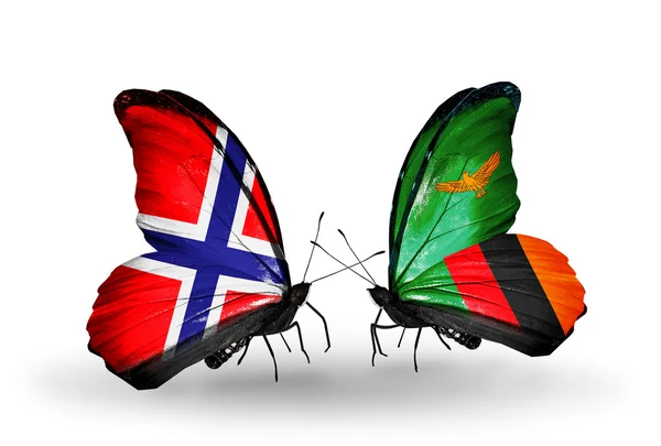 Mariposas con banderas de Noruega y Zambia en alas —  Fotos de Stock