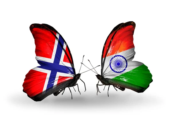 蝴蝶翅膀上的挪威和印度标志 — 图库照片