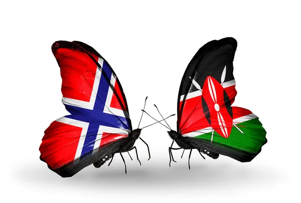 Vlinders met Noorwegen en Kenia vlaggen op vleugels — Stockfoto