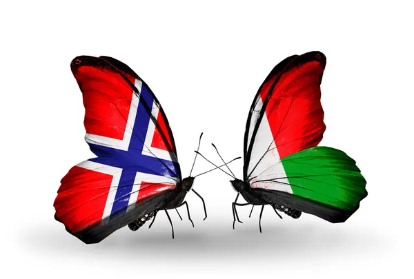 Mariposas con banderas de Noruega y Madagascar en alas — Foto de Stock