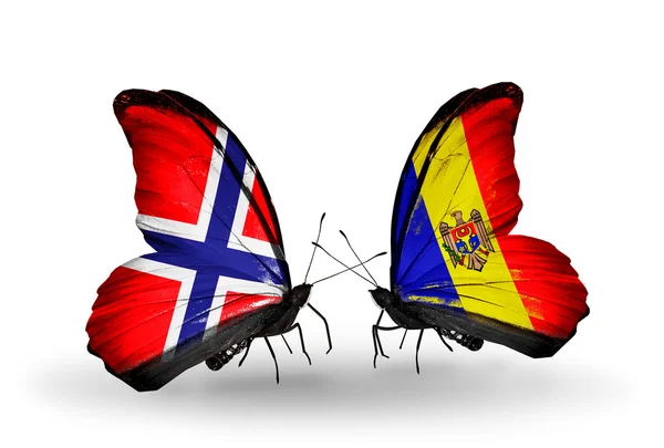 Motyle z Norwegii i Mołdawia flagi na skrzydłach — Zdjęcie stockowe