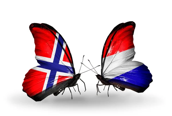 Vlinders met Noorwegen en Nederland vlaggen op vleugels — Stockfoto