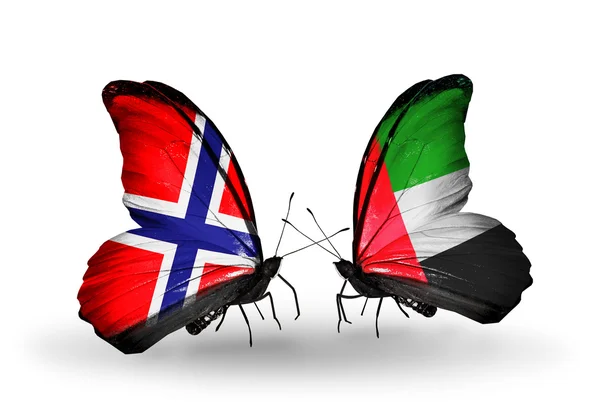 Butterflies with Norway and UAE flags on wings — Stock Photo, Image