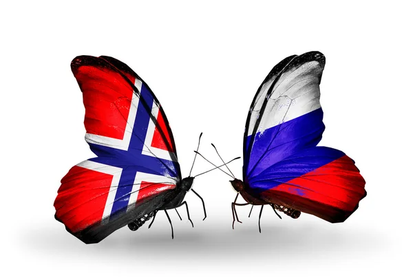 Papillons avec drapeaux Norvège et Russie sur les ailes — Photo