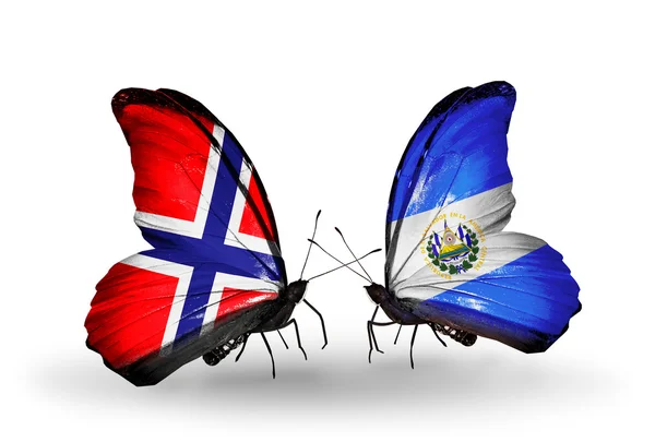 Motyle z Norwegii i salvador flagi na skrzydłach — Zdjęcie stockowe